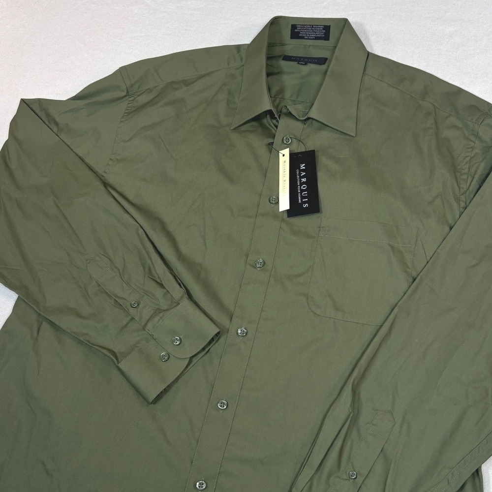 Marquis Men Olive Green Dress Shirt 17.5 36-37 Wrinkle Resist Cotton Blend NEW
